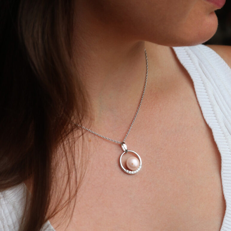 10mm pink button freshwater pearl white topaz circle sterling silver pendant