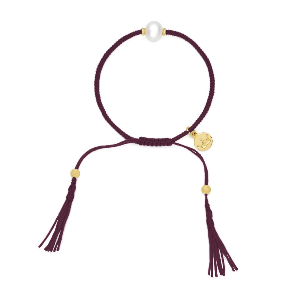8mm freshwater pearl adjustable tassel bracelet on recycled plastic coloured thread