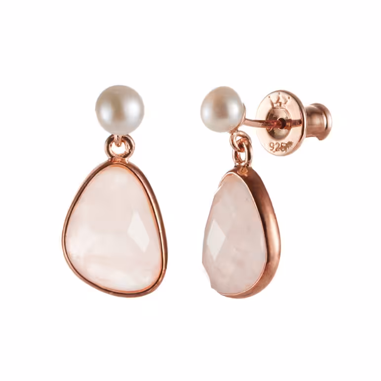 Rose Quartz and Pearl Rose Gold Drop Earrings