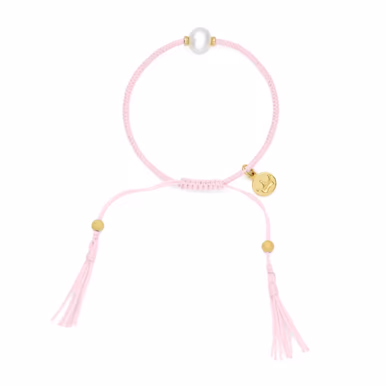 8mm freshwater pearl adjustable tassel bracelet on recycled plastic coloured thread