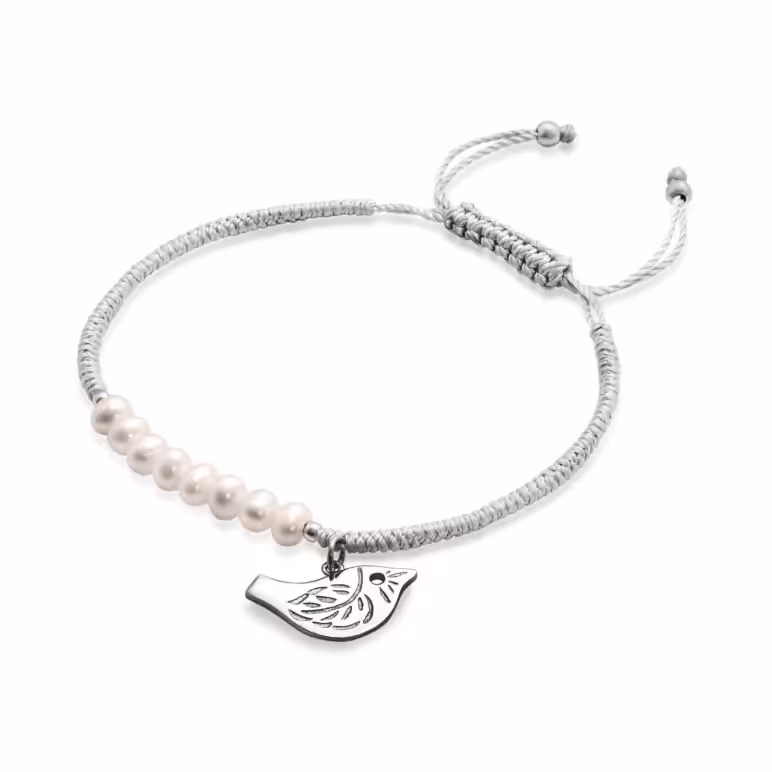 6mm white near round freshwater sterling silver bird grey polyester thread bracelet