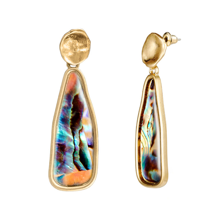 Paua shell yellow gold long drop earrings