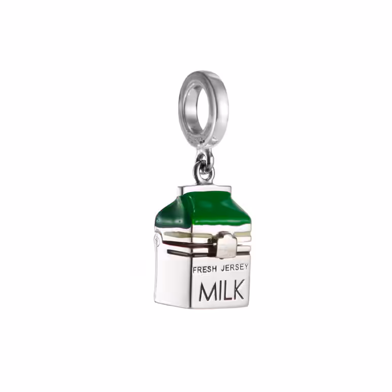 Mother-of-pearl green milk carton sterling silver charm