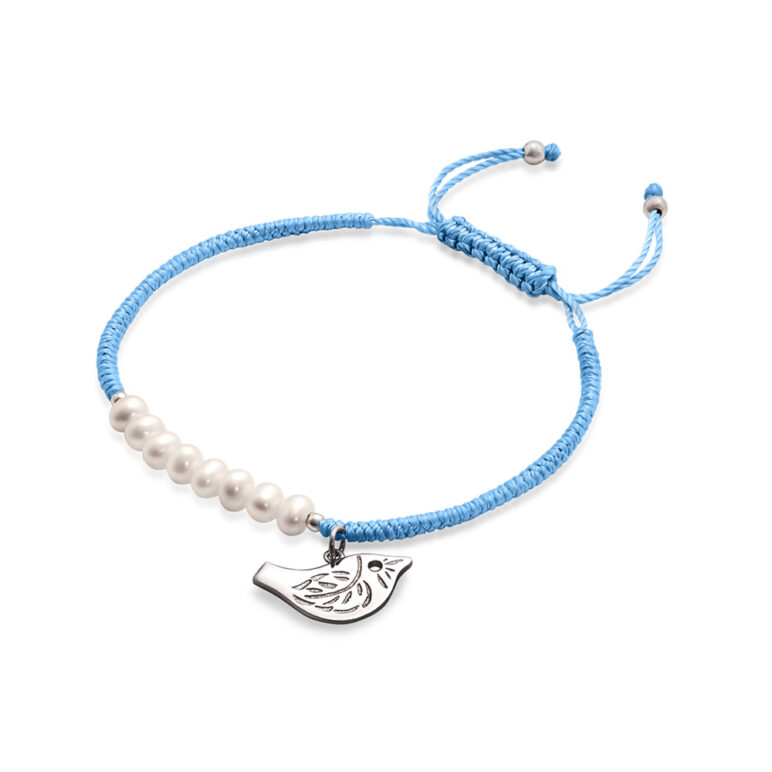 6mm white near round freshwater sterling silver bird light blue polyester thread bracelet