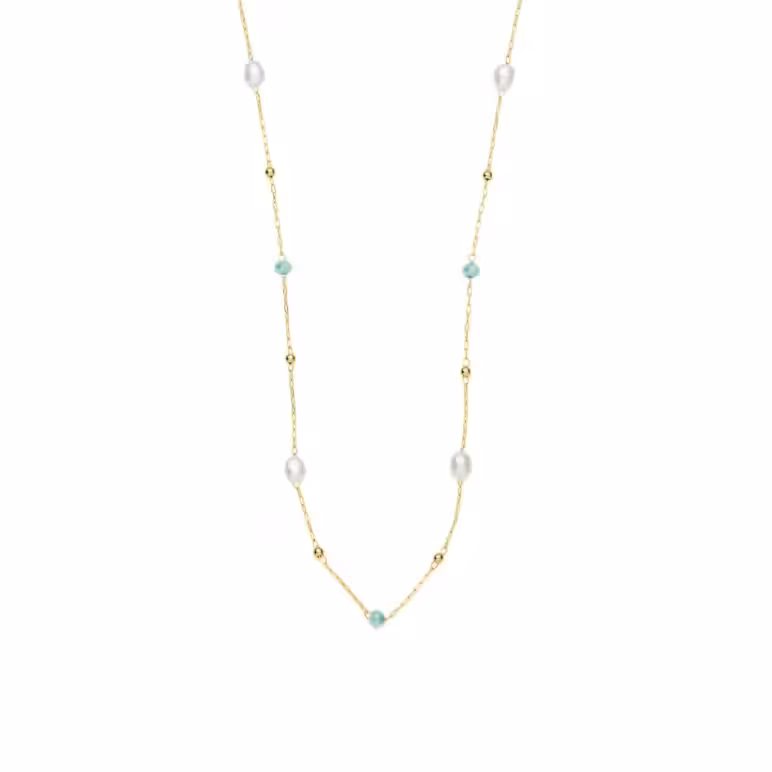 3mm green glass beads and freshwater pearl yellow gold plated stainless steel necklace chain