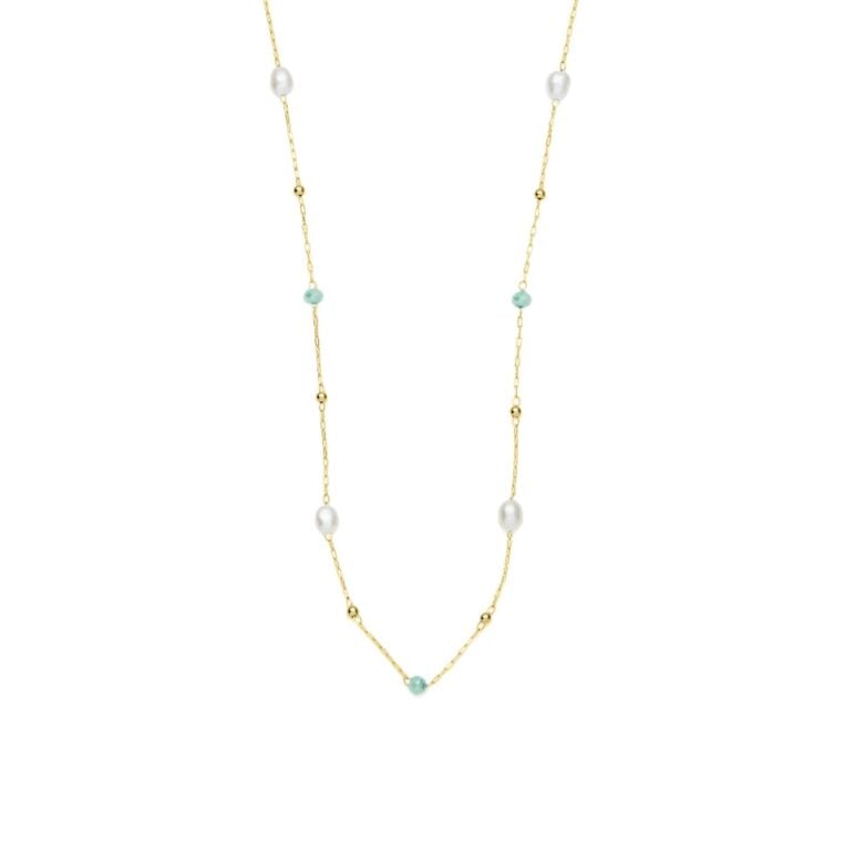 3mm green glass beads and freshwater pearl yellow gold plated stainless steel necklace chain