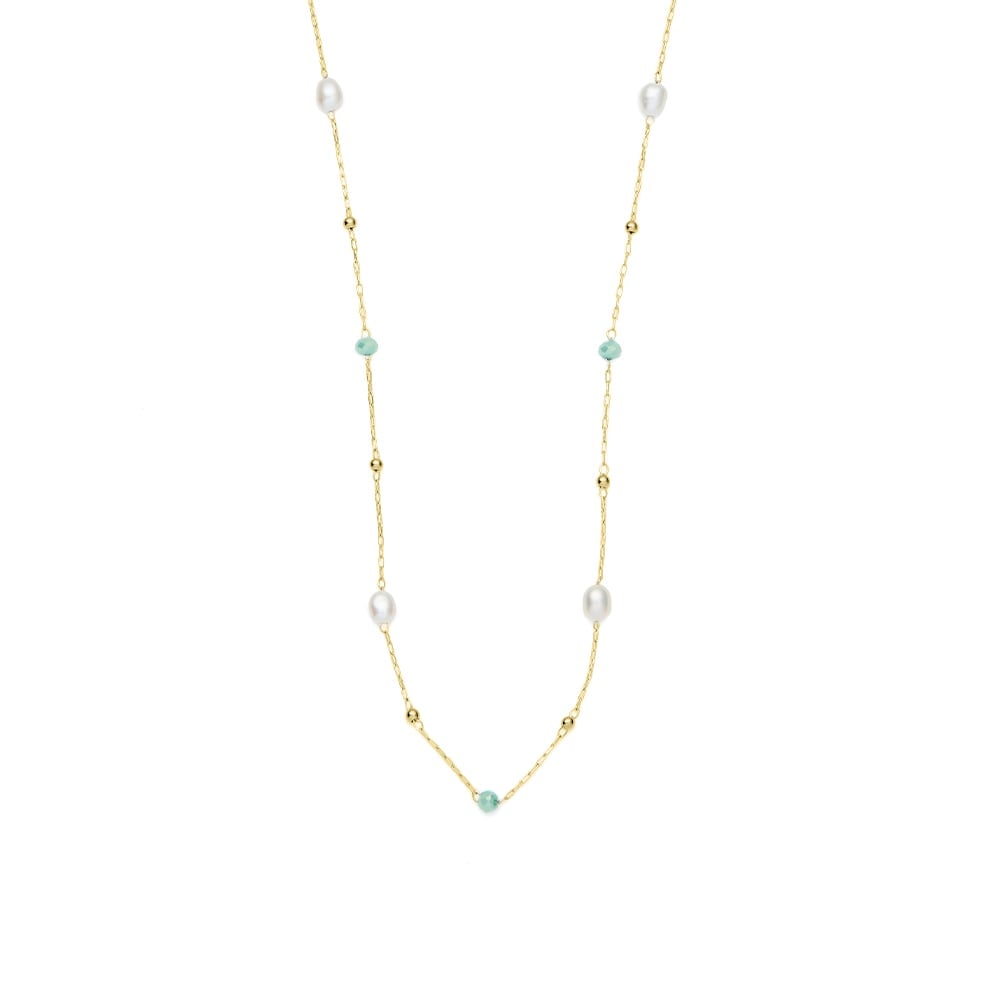 3mm green glass beads and freshwater pearl yellow gold plated stainless steel necklace chain