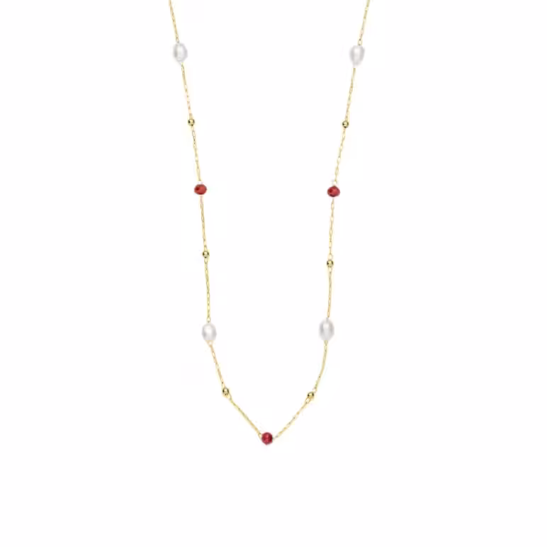 3mm red glass beads and freshwater pearl yellow gold plated stainless steel necklace chain