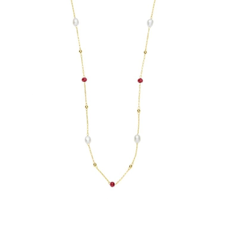 3mm red glass beads and freshwater pearl yellow gold plated stainless steel necklace chain