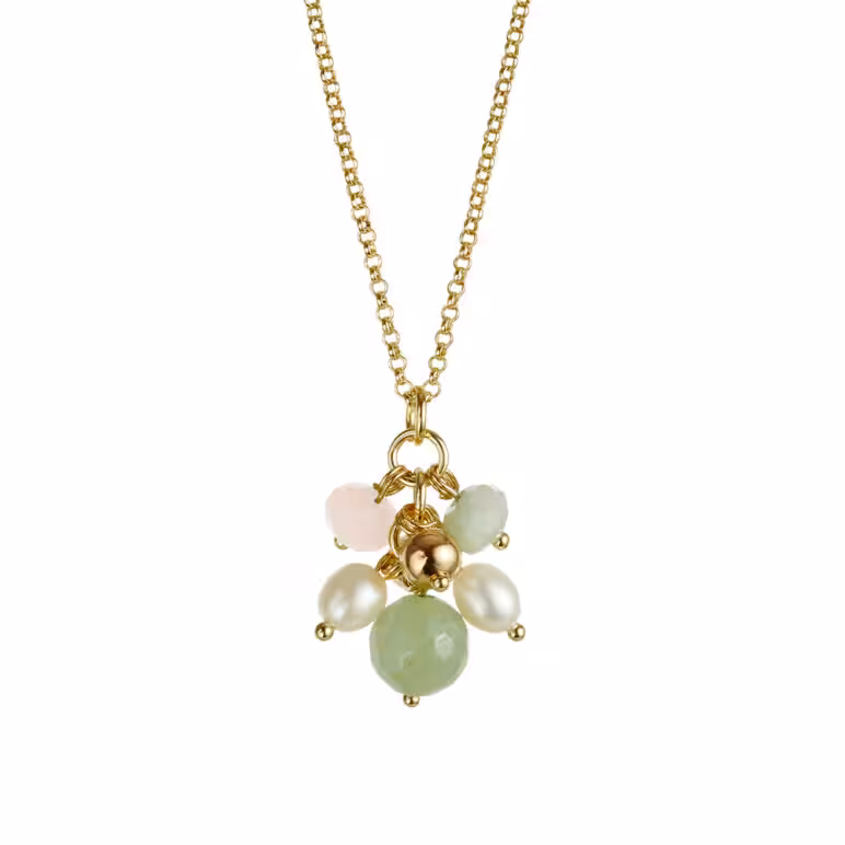 6mm white oval freshwater pearl aventurine and beryl stones yellow gold cluster pendant