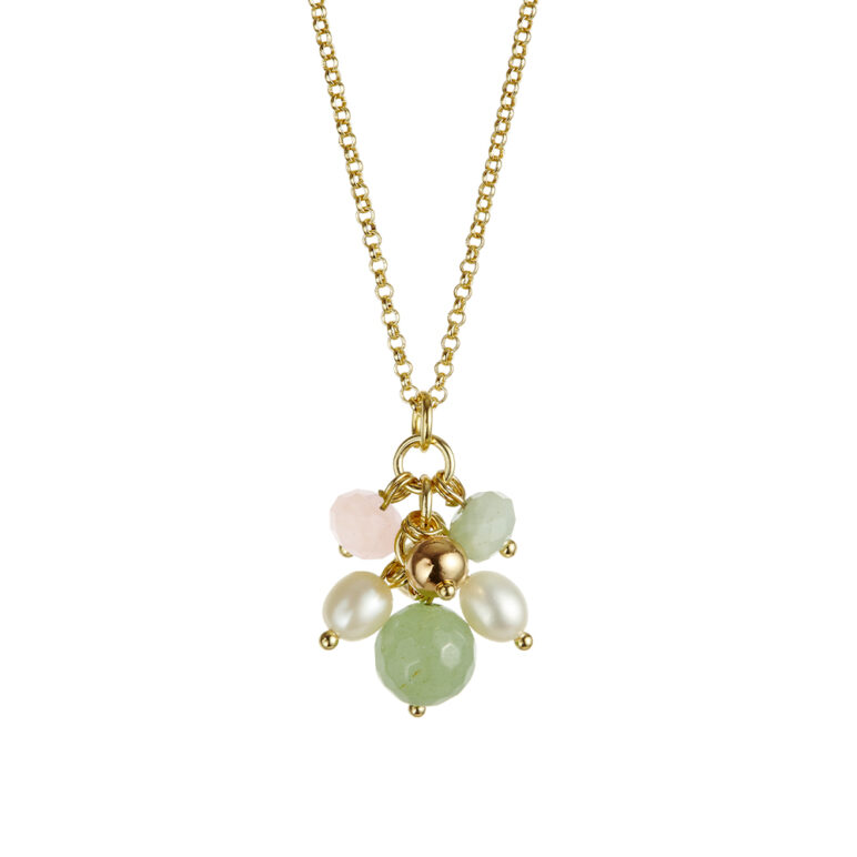 6mm white oval freshwater pearl aventurine and beryl stones yellow gold cluster pendant