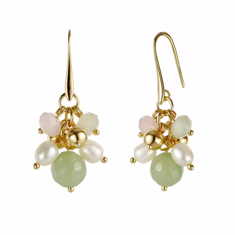 6mm white oval freshwater pearl aventurine and beryl stones yellow gold cluster drop earrings