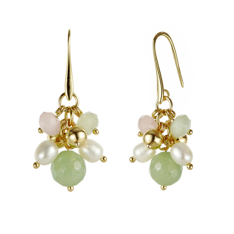 6mm white oval freshwater pearl aventurine and beryl stones yellow gold cluster drop earrings