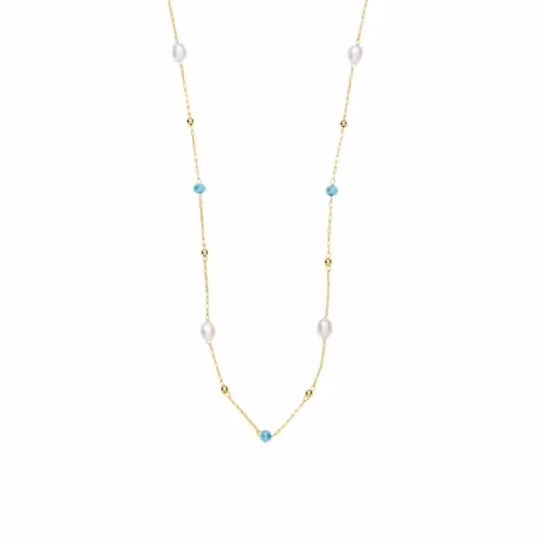 3mm blue glass beads and freshwater pearl yellow gold plated stainless steel necklace chain