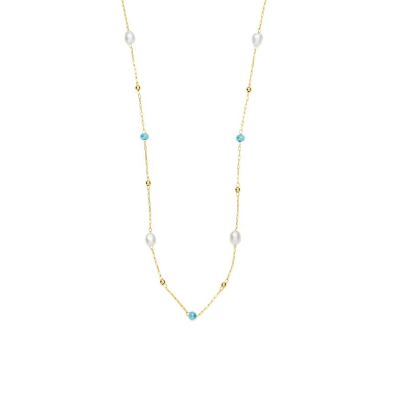 3mm blue glass beads and freshwater pearl yellow gold plated stainless steel necklace chain