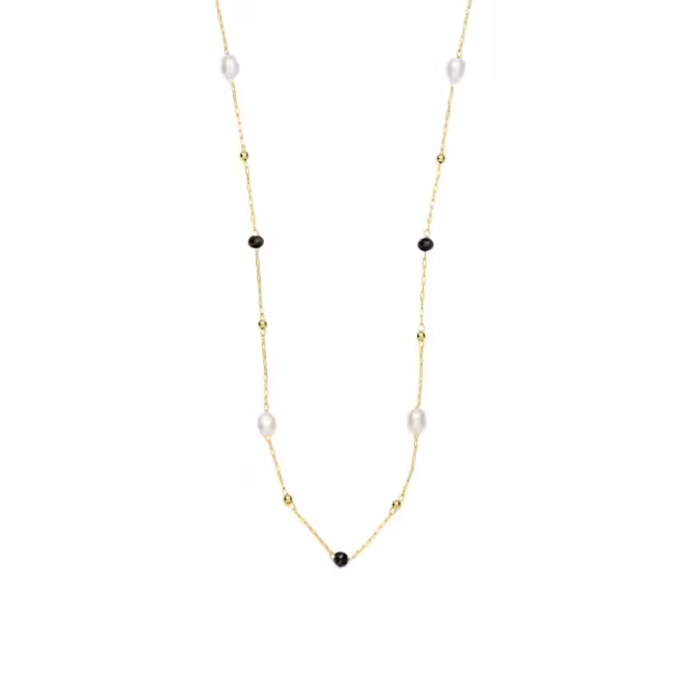 3mm black glass beads and freshwater pearl yellow gold plated stainless steel necklace chain
