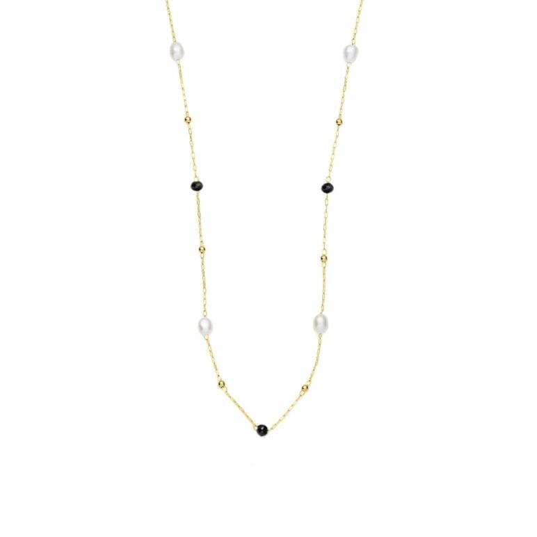 3mm black glass beads and freshwater pearl yellow gold plated stainless steel necklace chain