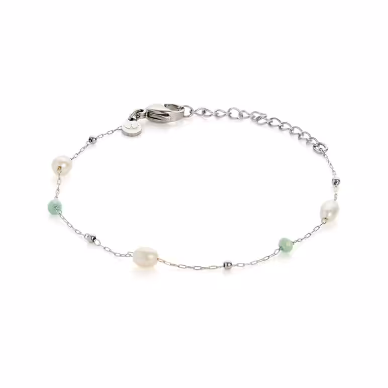 3mm white oval freshwater pearl glass bead stainless steel bracelet