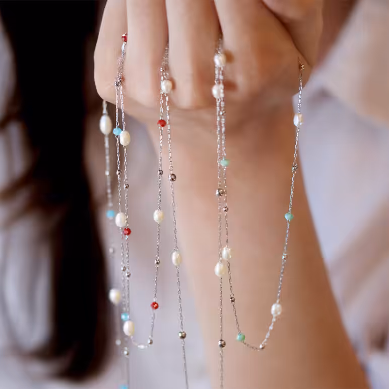 3mm colourful glass beads and freshwater pearl stainless steel necklace chain