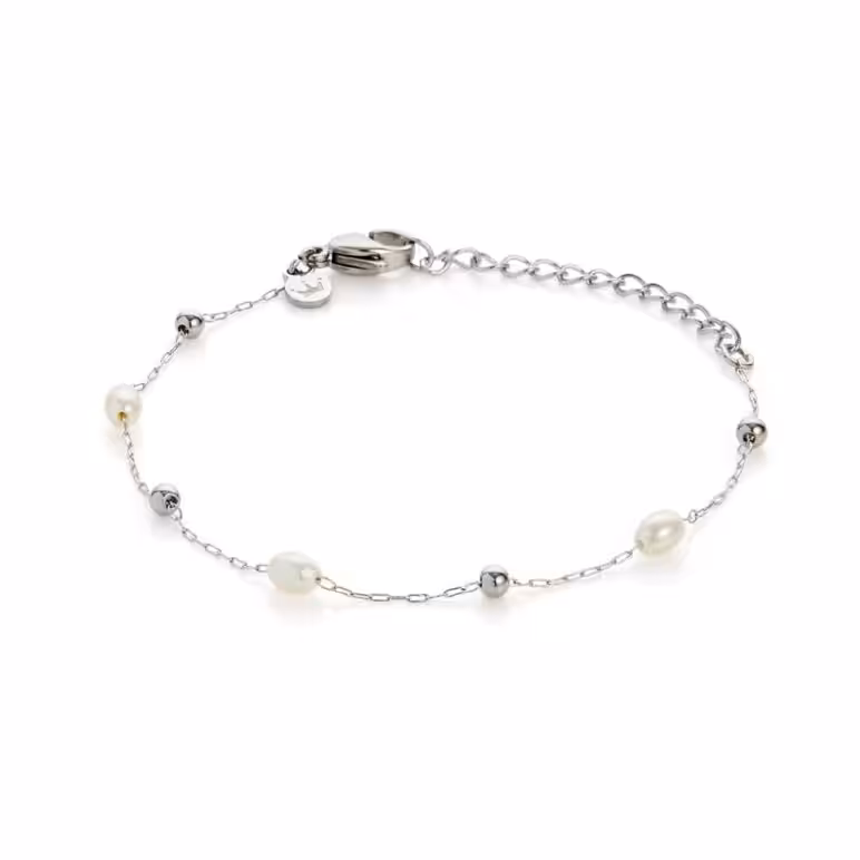 3mm white oval freshwater pearl glass bead stainless steel bracelet
