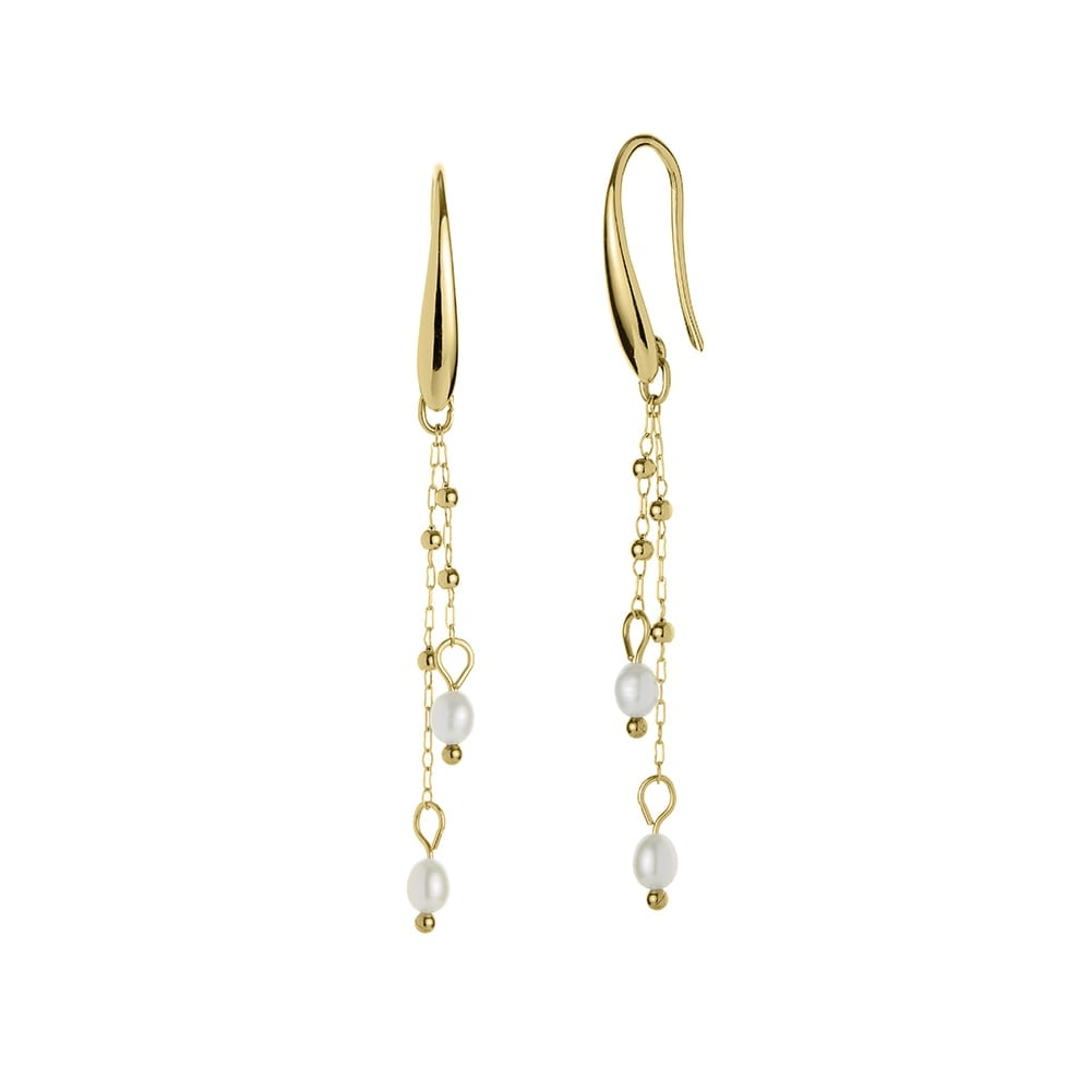 3mm freshwater pearl and yellow gold plated stainless steel chain drop hook earrings