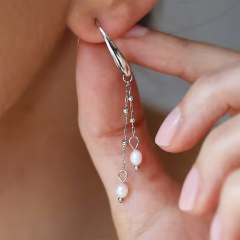 3mm freshwater pearl and stainless steel chain drop hook earrings