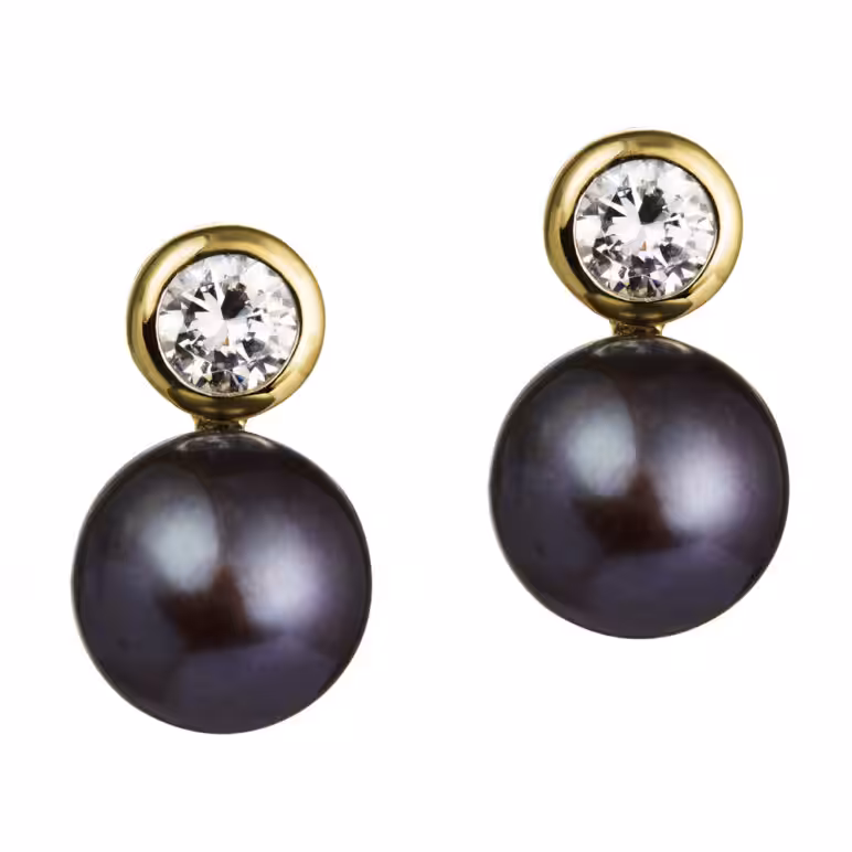 8mm peacock button freshwater pearl white topaz yellow gold stud earrings