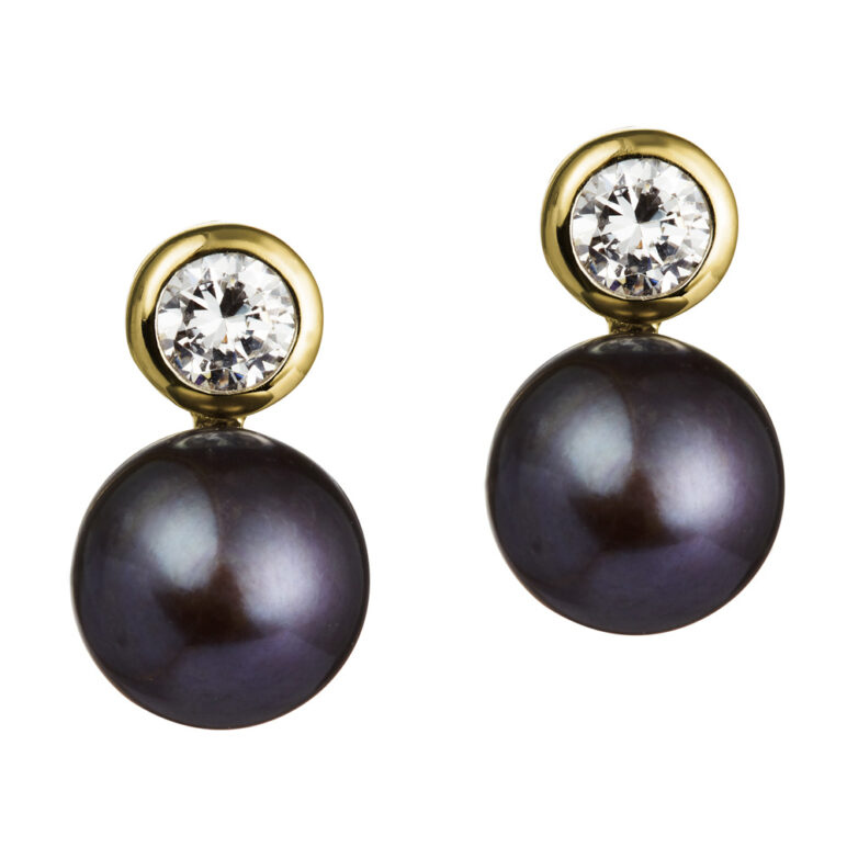 8mm peacock button freshwater pearl white topaz yellow gold stud earrings