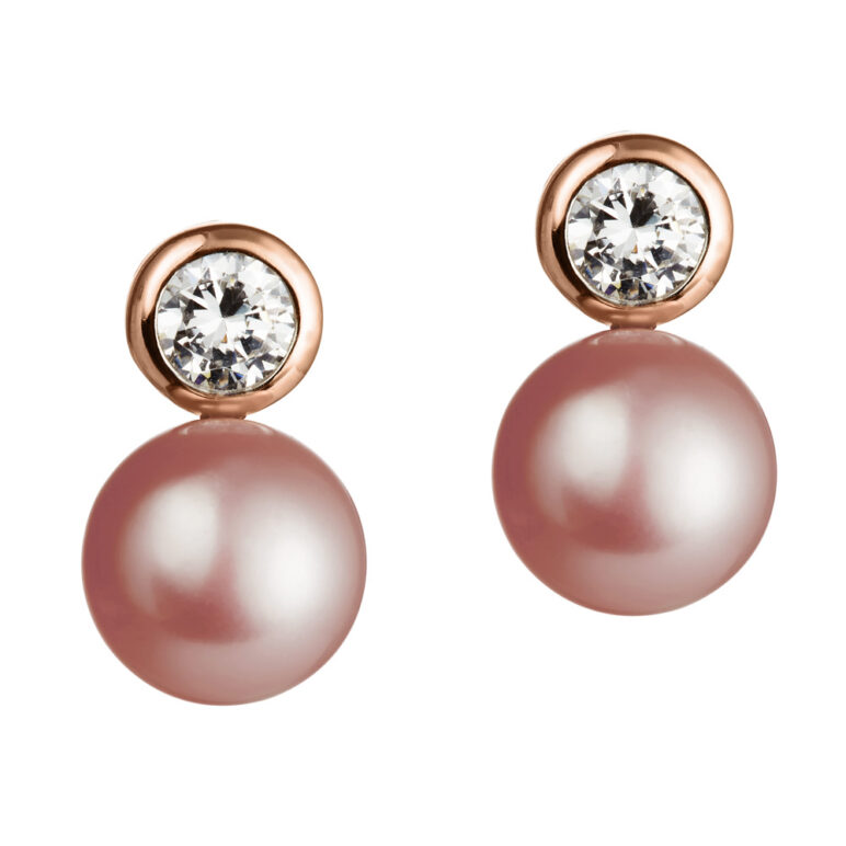 8mm pink button freshwater pearl white topaz rose gold stud earrings
