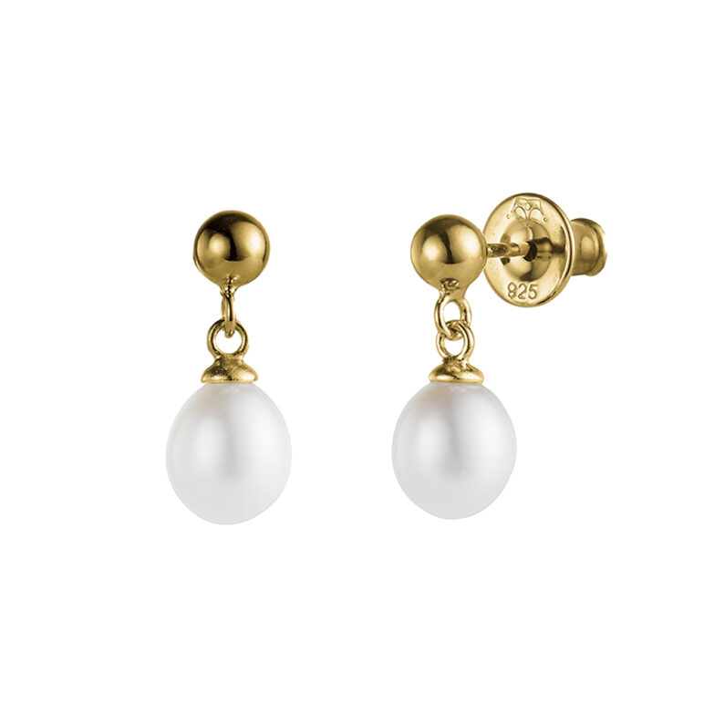7mm white oval freshwater pearl yellow gold drop earrings