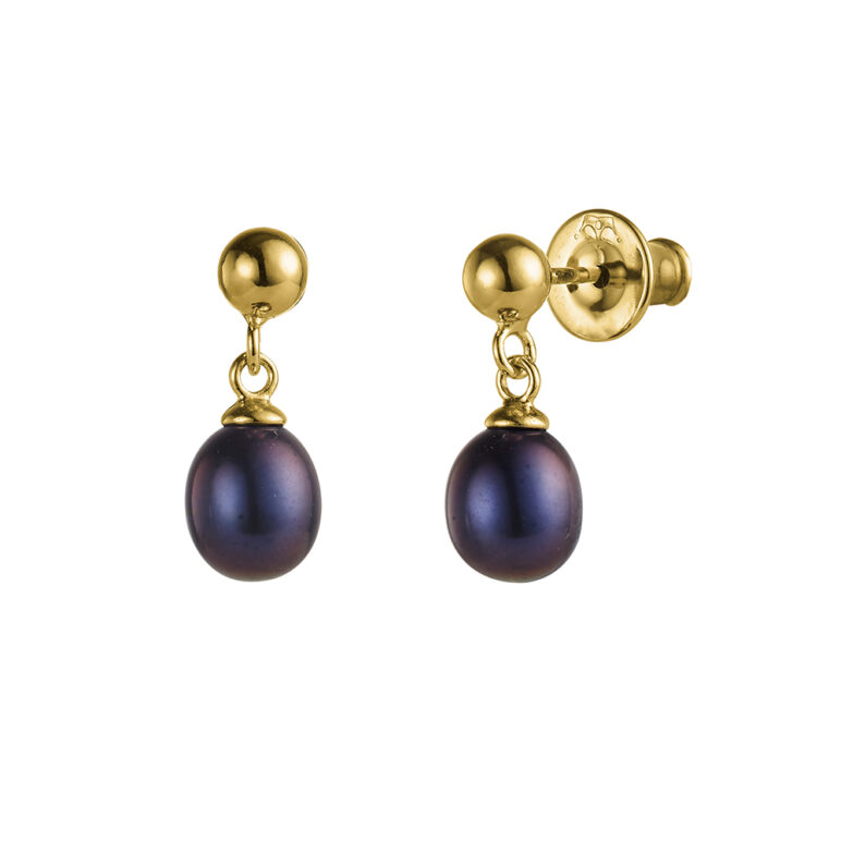 7mm peacock oval freshwater pearl yellow gold drop earrings