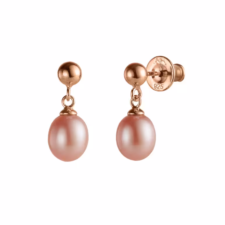 7mm pink oval freshwater pearl rose gold drop earrings