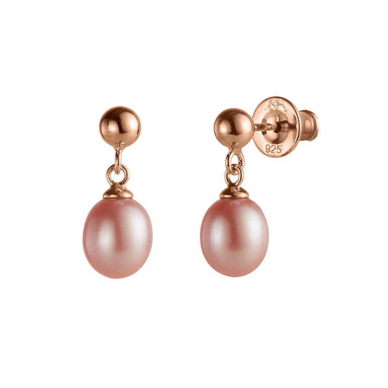 7mm pink oval freshwater pearl rose gold drop earrings