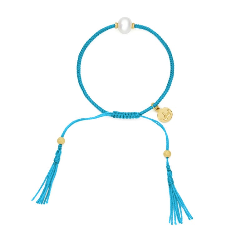 8mm freshwater pearl adjustable tassel bracelet on recycled plastic coloured thread