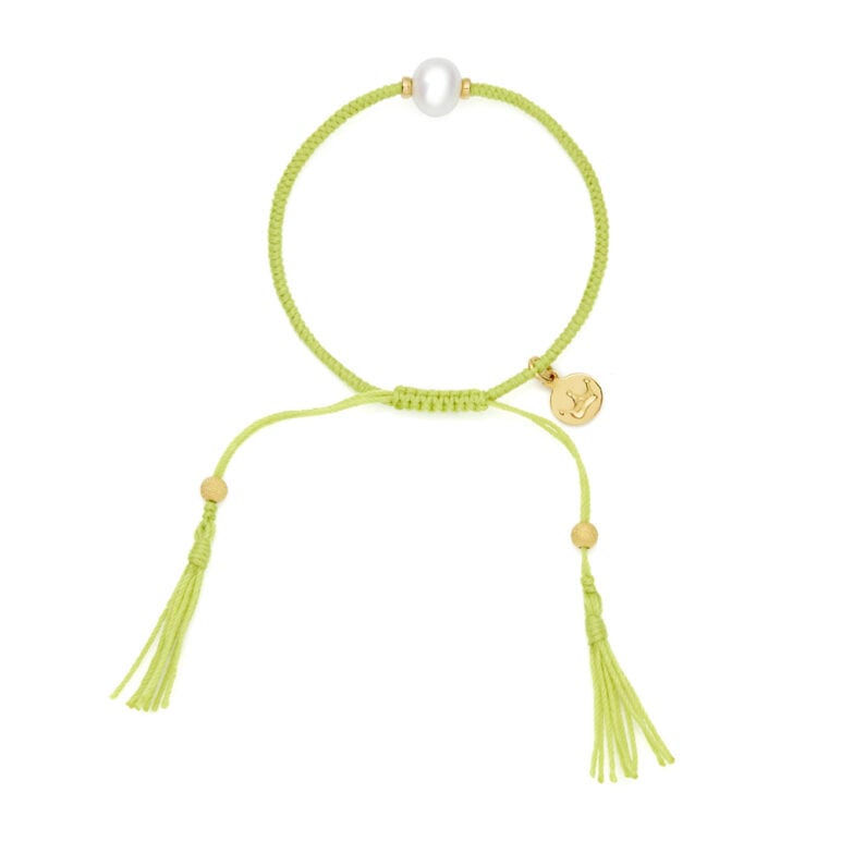 8mm freshwater pearl adjustable tassel bracelet on recycled plastic coloured thread