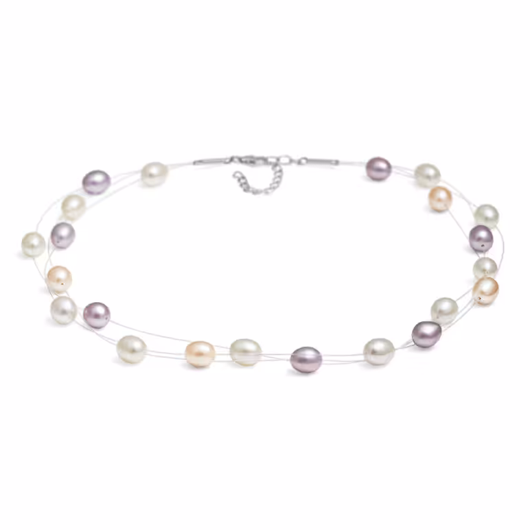 Multi Natural Oval Freshwater Pearl Necklace on triple Row Nylon Thread with Sterling Silver