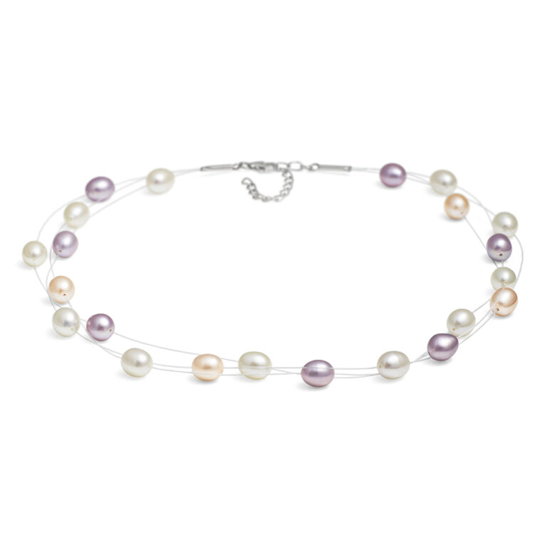 Multi Natural Oval Freshwater Pearl Necklace on triple Row Nylon Thread with Sterling Silver