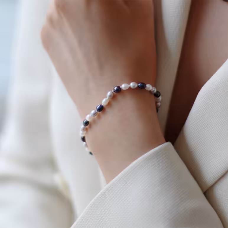 4mm peacock white grey freshwater oval pearl bracelet sterling silver clasp