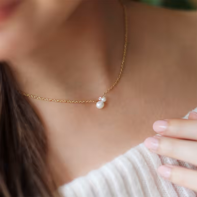 4mm and 6mm Freshwater button and Keshi pearl necklace set with white topaz on yellow gold-plated Sterling Silver chain