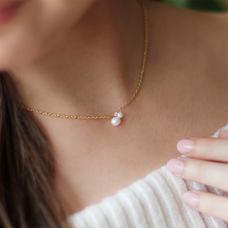 4mm and 6mm Freshwater button and Keshi pearl necklace set with white topaz on yellow gold-plated Sterling Silver chain