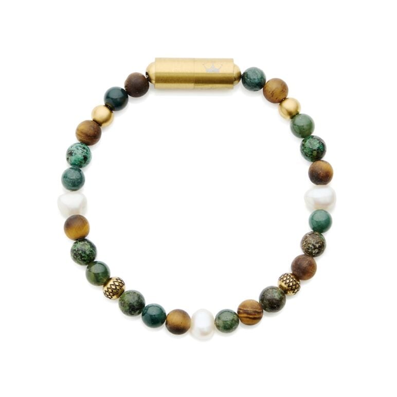 6mm white baroque freshwater pearl shiny moss agate shiny African turquoise matt tigers eye bracelet with yellow gold plate stainless steel magnetic clasp