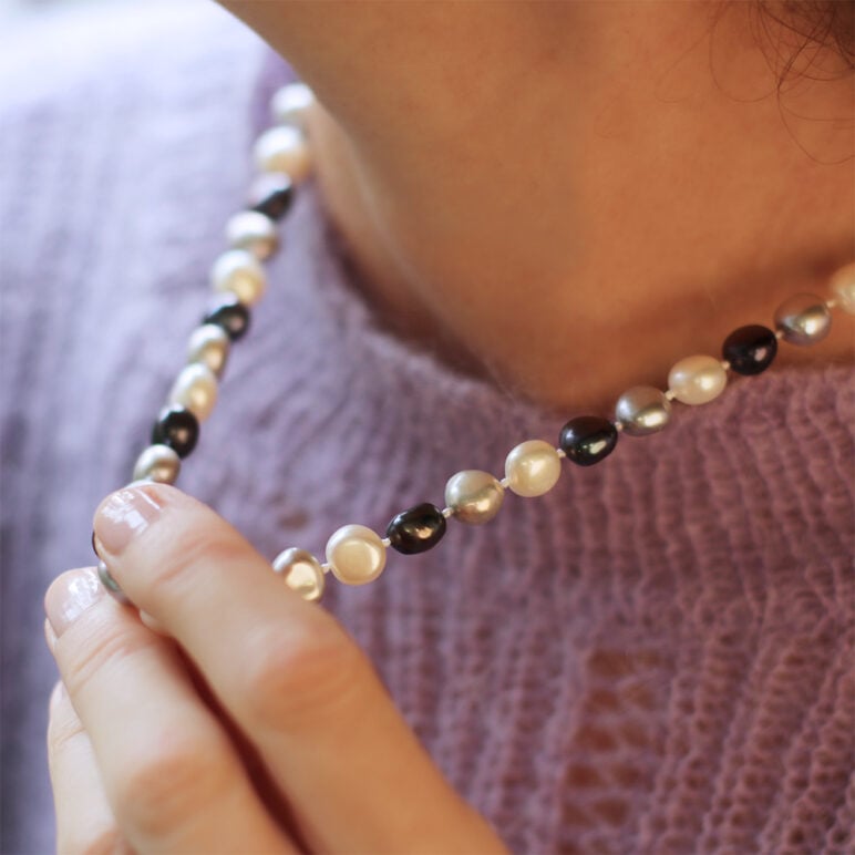 8mm white peacock grey freshwater baroque pearl necklace with sterling silver clasp