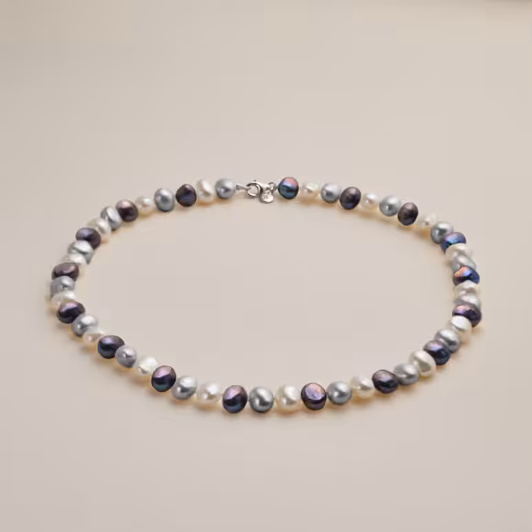 8mm peacock white grey baroque freshwater pearl necklace sterling silver clasp