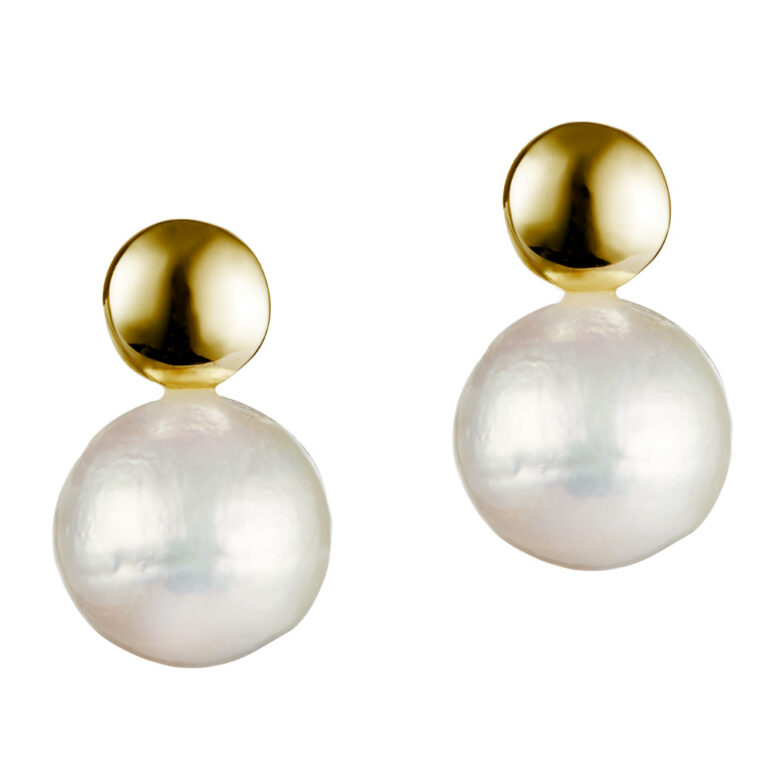 12mm white Edison pearl yellow gold stud earrings