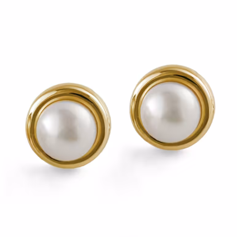 9mm white button freshwater pearl yellow gold stud earrings