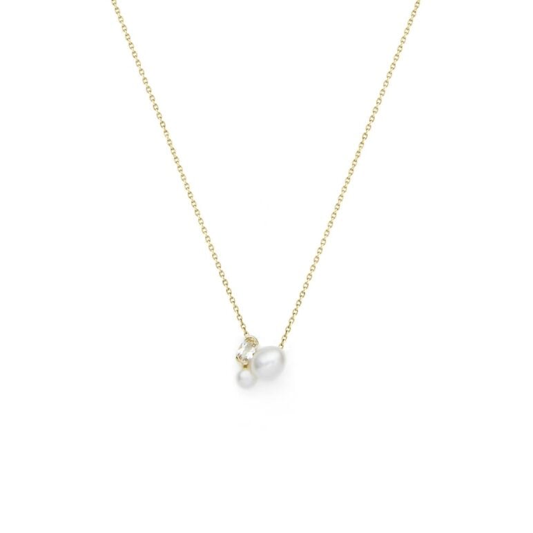 7mm white baroque freshwater pearl 4mm white button freshwater pearl white topaz 9ct yellow gold necklace