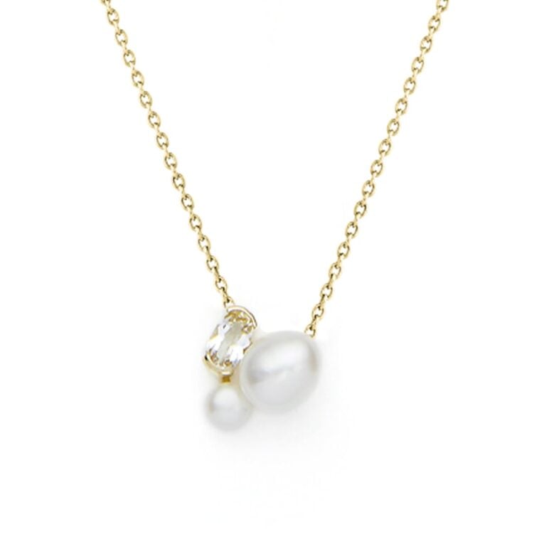 7mm white baroque freshwater pearl 4mm white button freshwater pearl white topaz 9ct yellow gold necklace