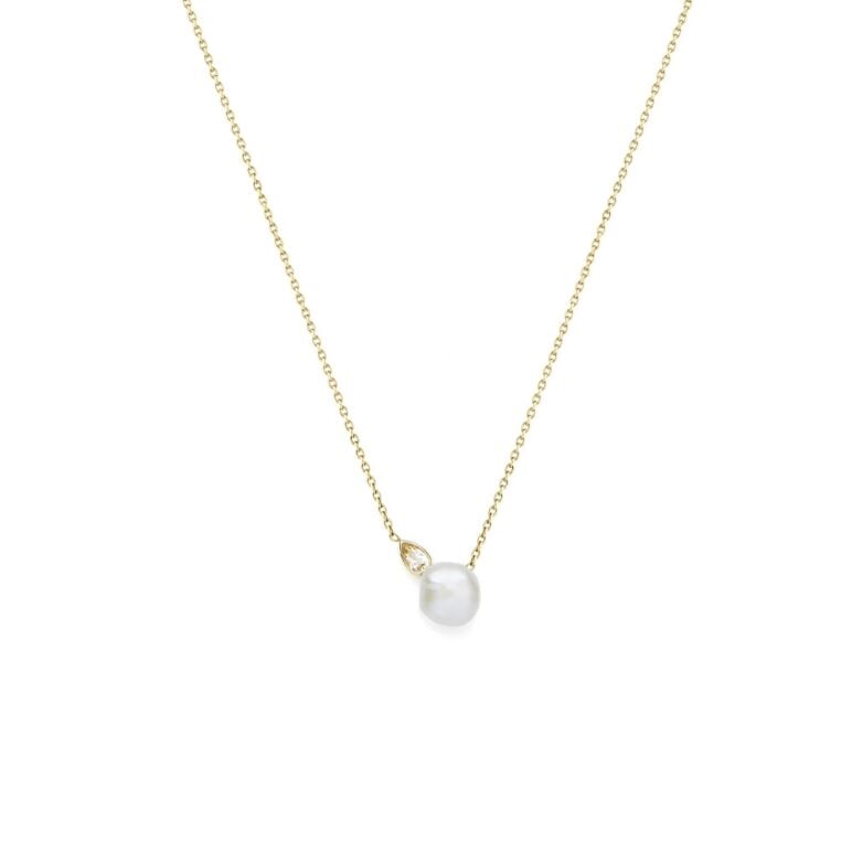 8mm white Keshi freshwater pearl white topaz 9ct yellow gold necklace