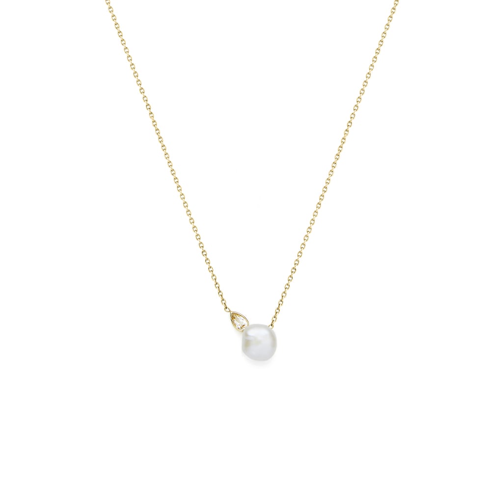 8mm white Keshi freshwater pearl white topaz 9ct yellow gold necklace