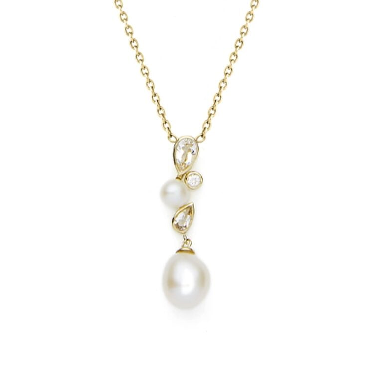 7mm white oval freshwater pearl 4mm white button freshwater pearl white topaz 9ct yellow gold pendant